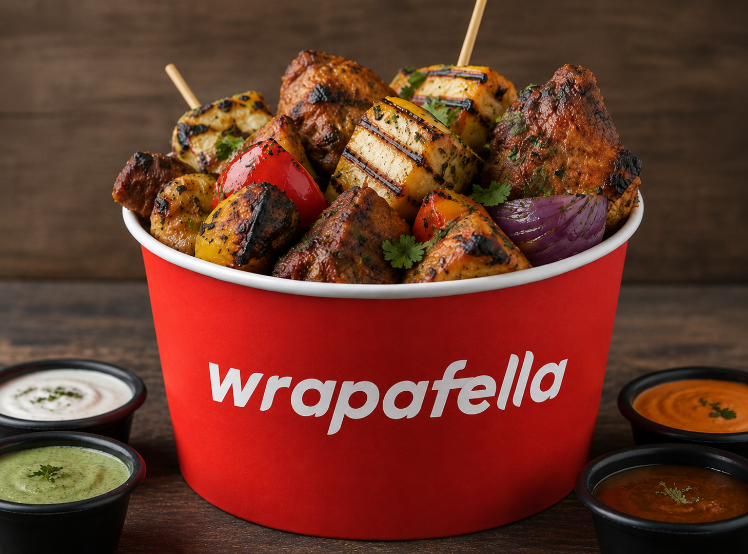 Red paper bucket filled with smoky grilled chicken, paneer and vegetables with dips