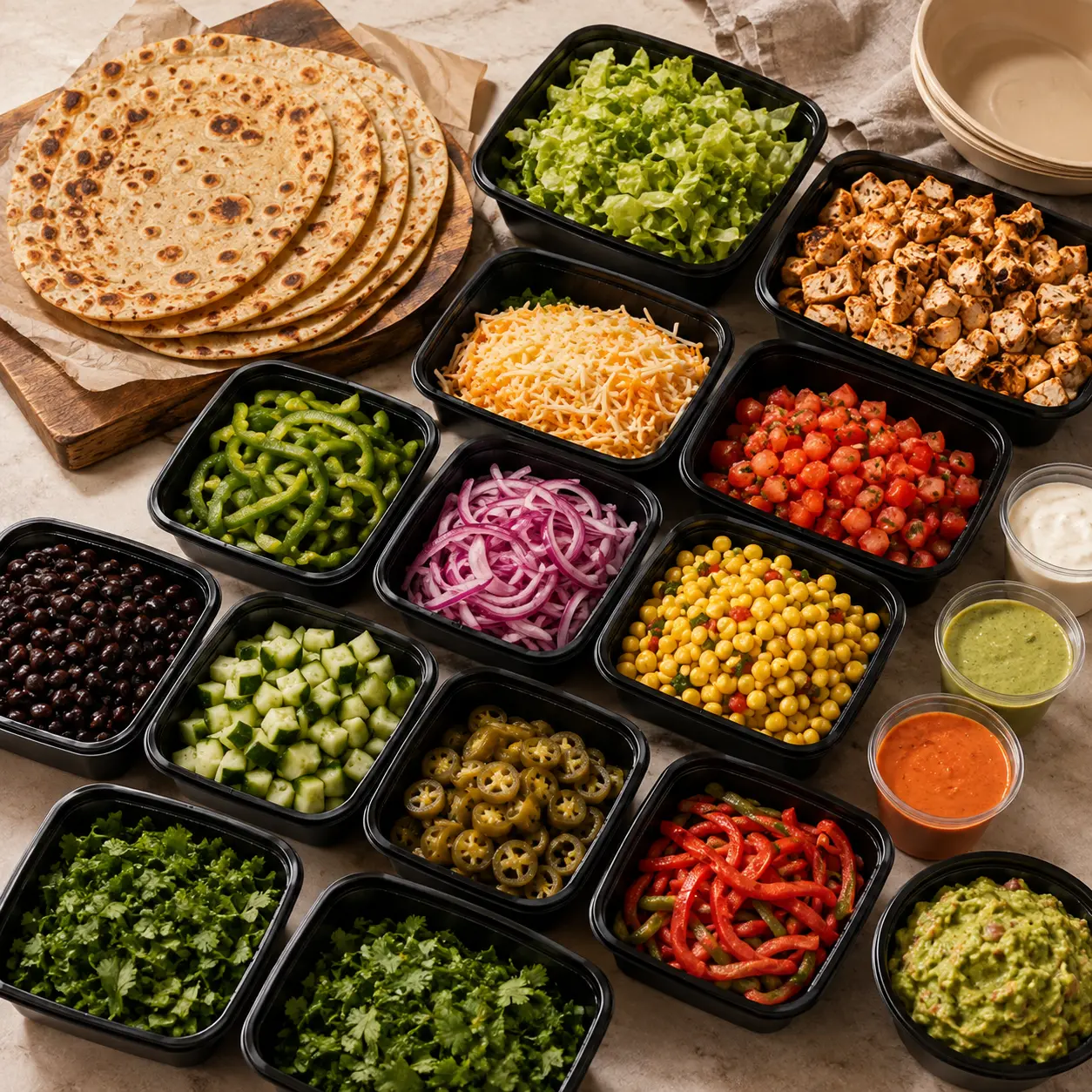 Indian catering buffet with steamed rice and assorted curries in steel trays
