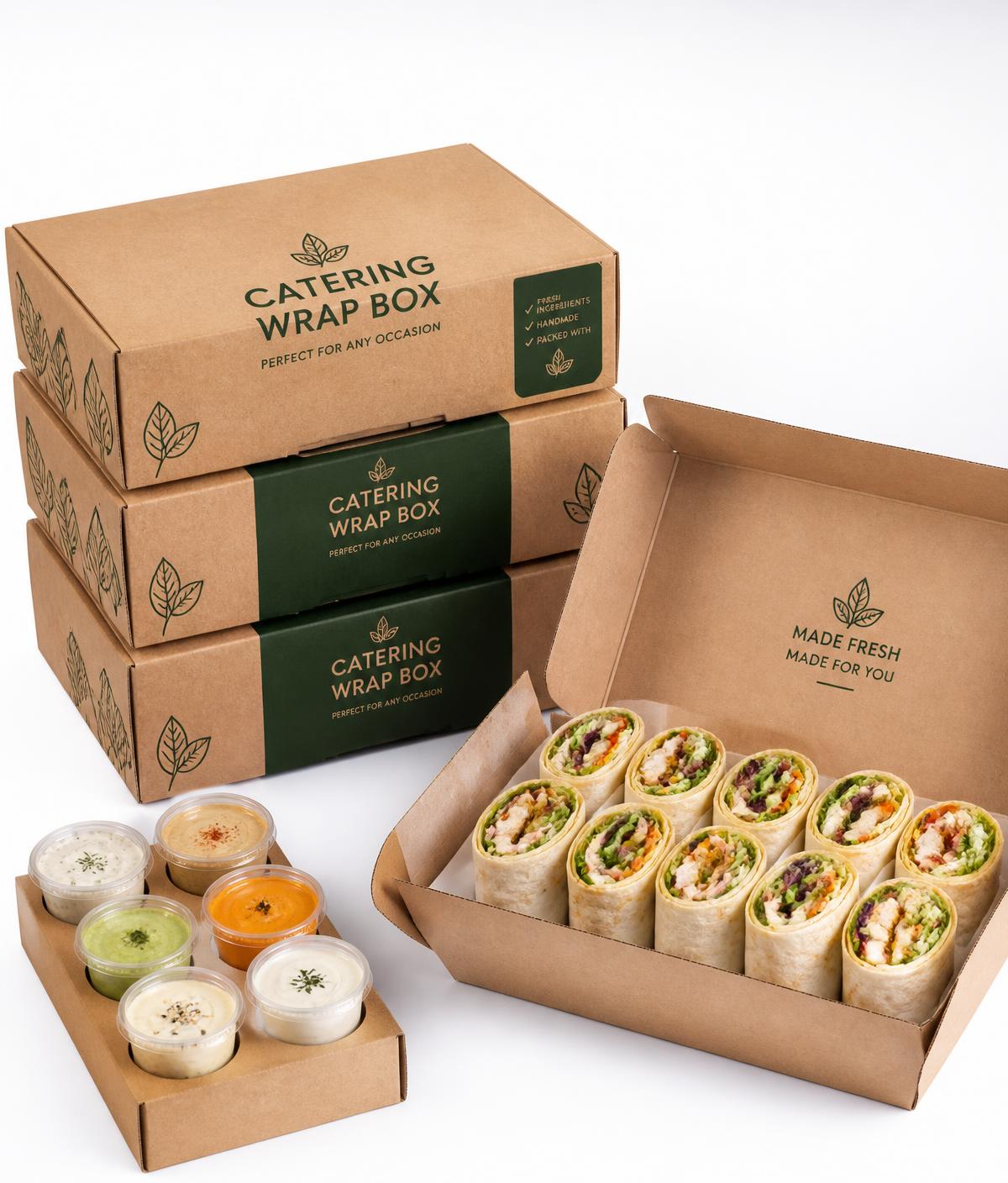 Wrapafella catering wrap boxes packed with wraps and dips
