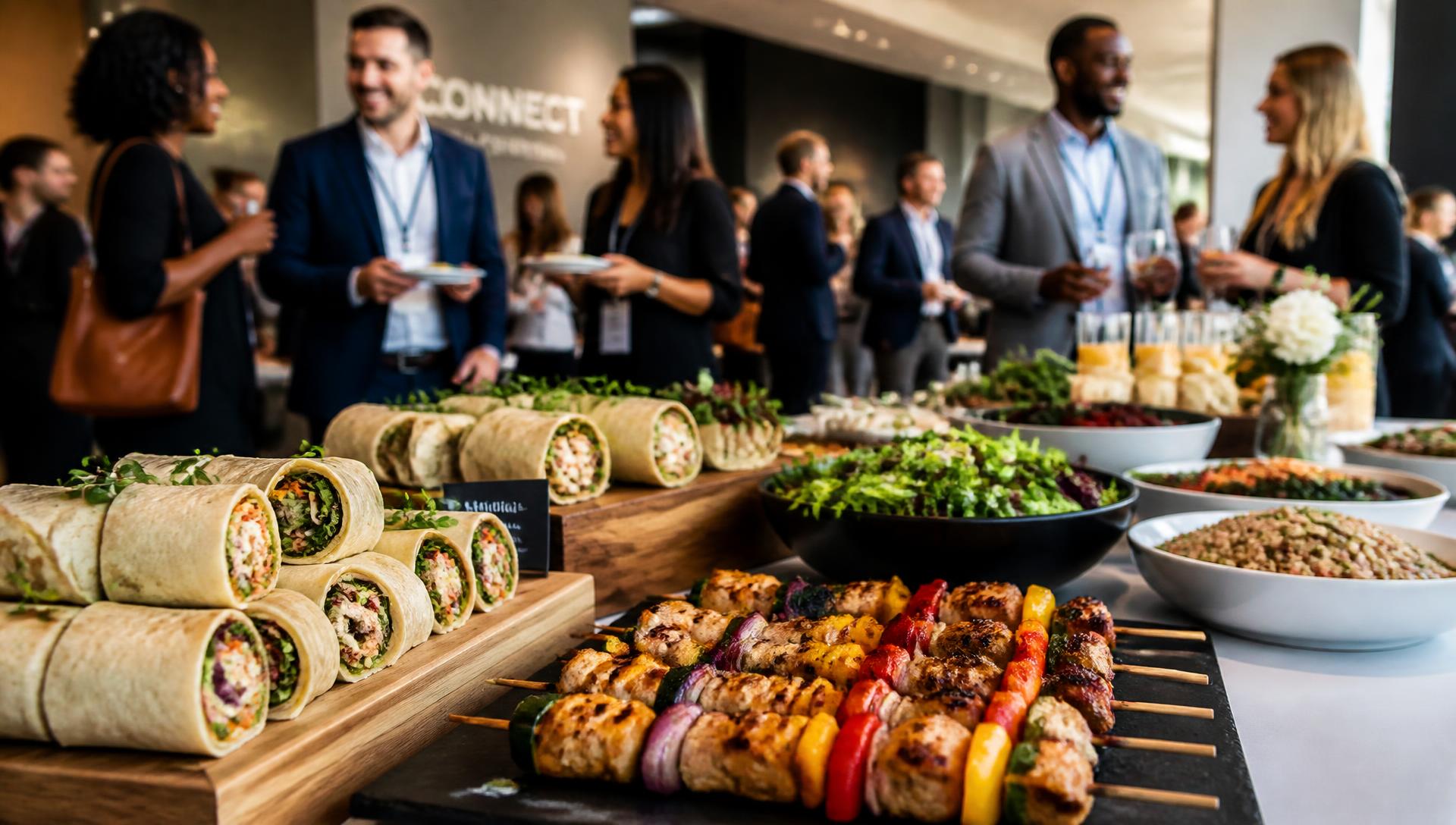 Wrapafella catering spread of wraps, grill skewers and salads at a corporate event