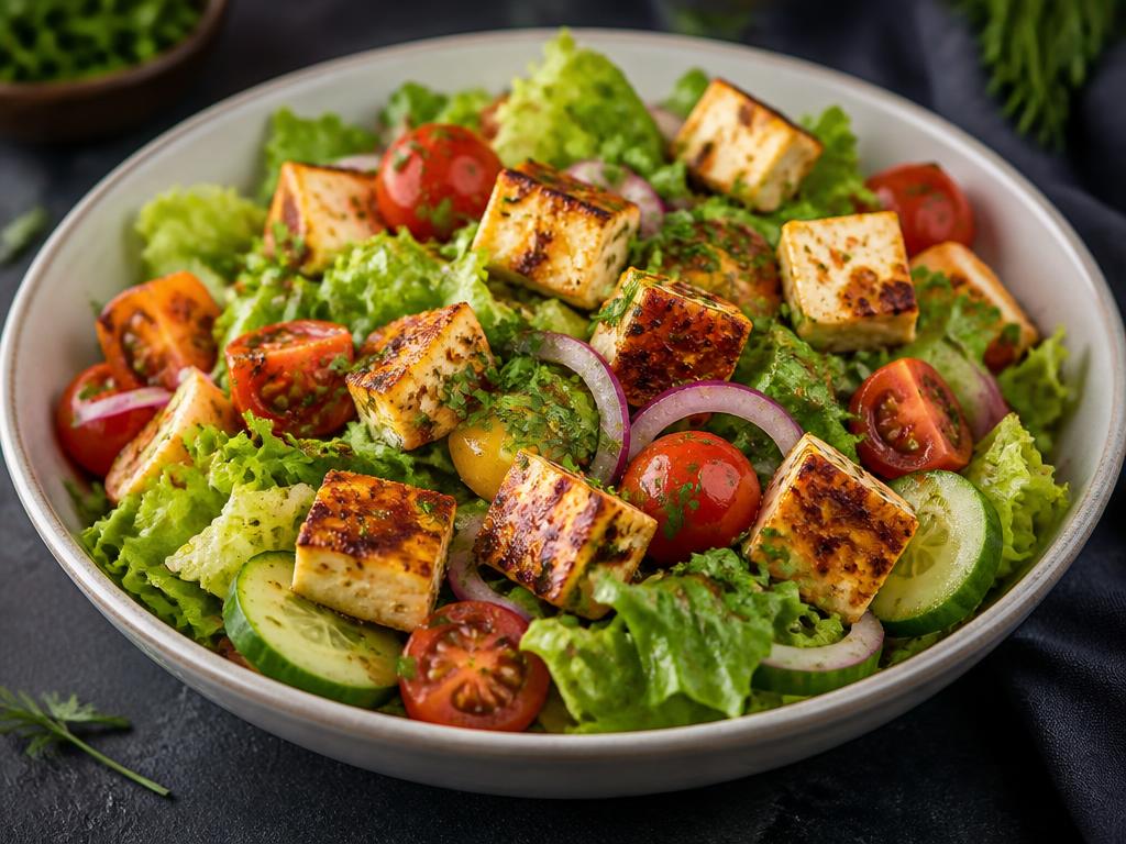 Fresh crispy paneer salad bowl with lettuce, cucumber, cherry tomatoes and red onion