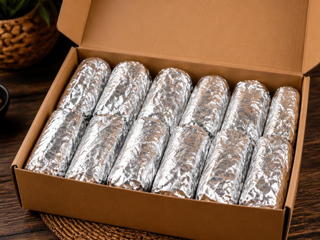 Cardboard catering box filled with individually foil-wrapped rolls