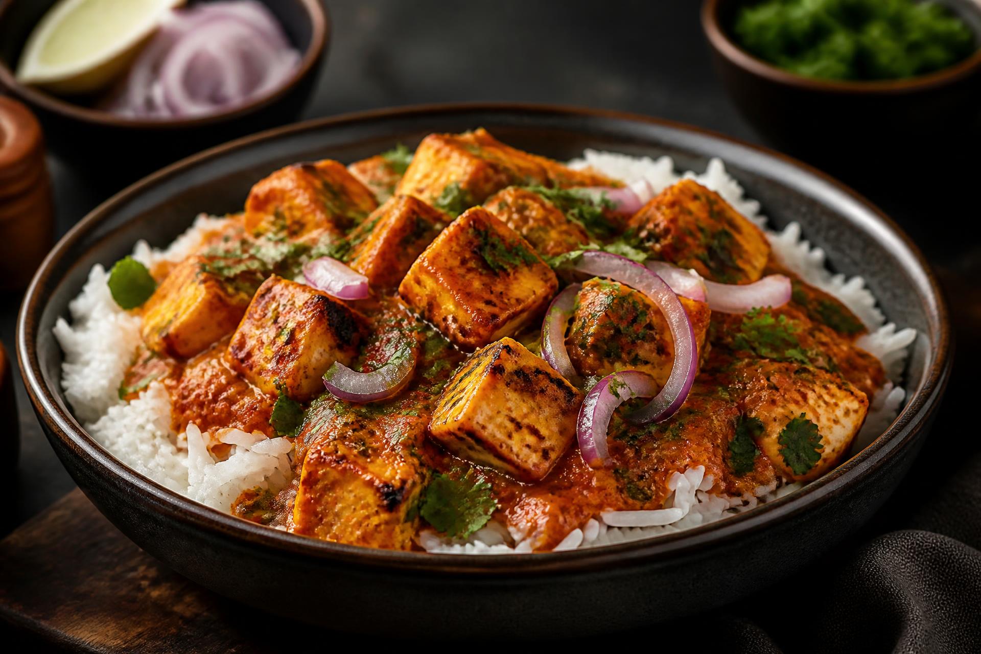 Rice bowl topped with paneer tikka curry
