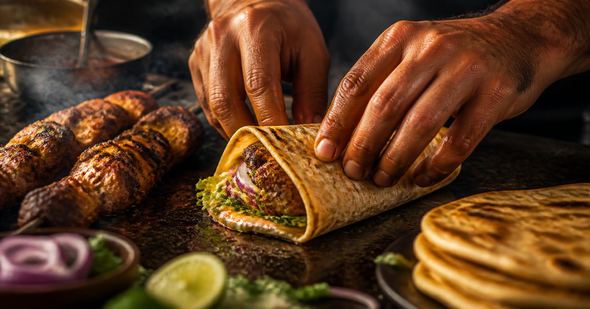 Hands wrapping a freshly grilled roll on a hot griddle
