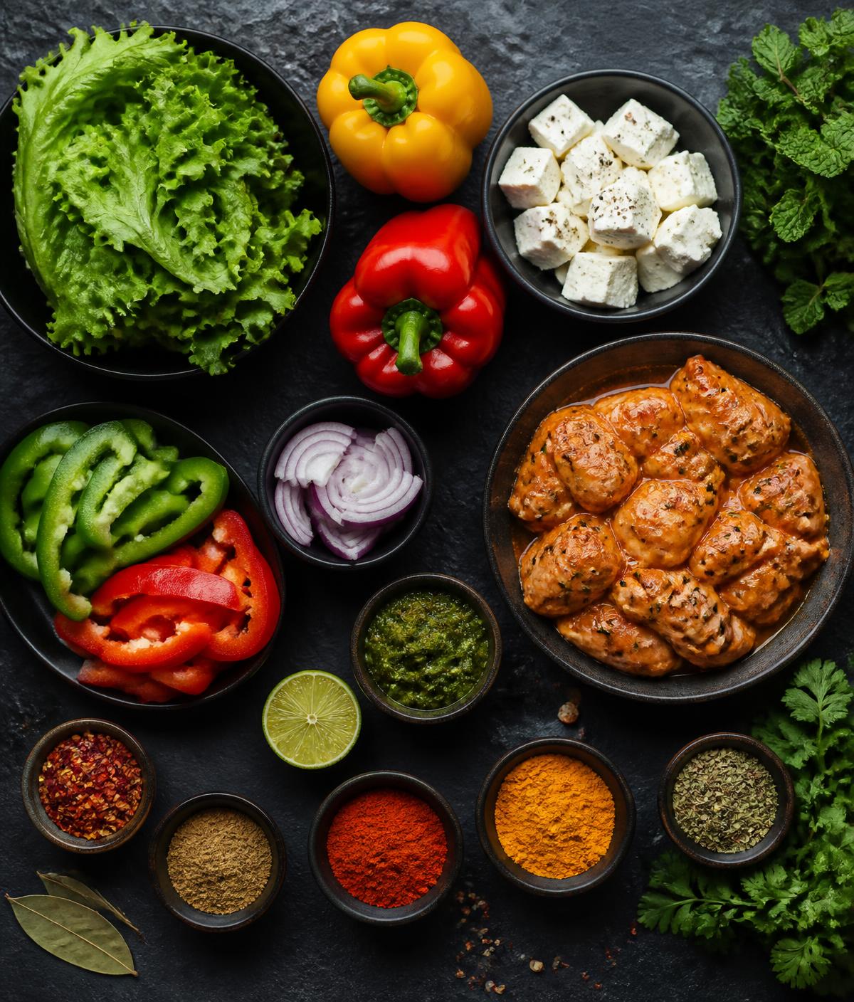 Fresh ingredients and spices prepped for the day